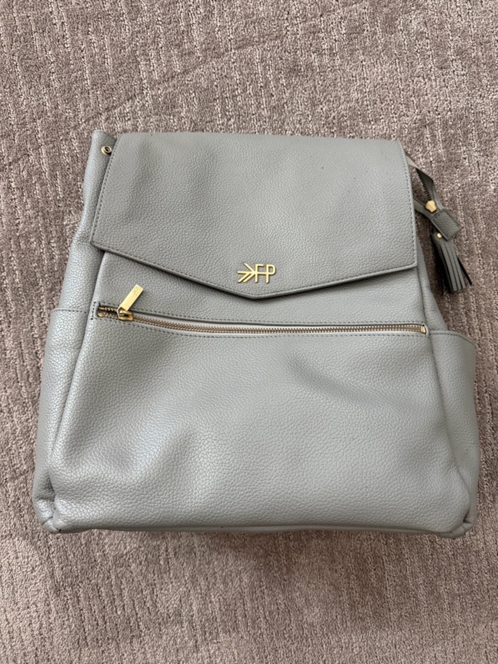 Freshly Picked Gray Leather Backpack Diaper Bag with Gold Accents